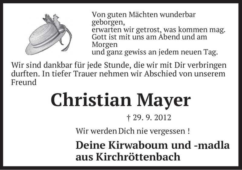  Traueranzeige für Christian Mayer vom 03.10.2012 aus Pegnitz-Zeitung